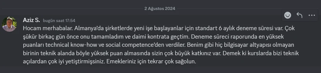 Almanya'da işe başlayan eski öğrencinin teşekkür mesajı